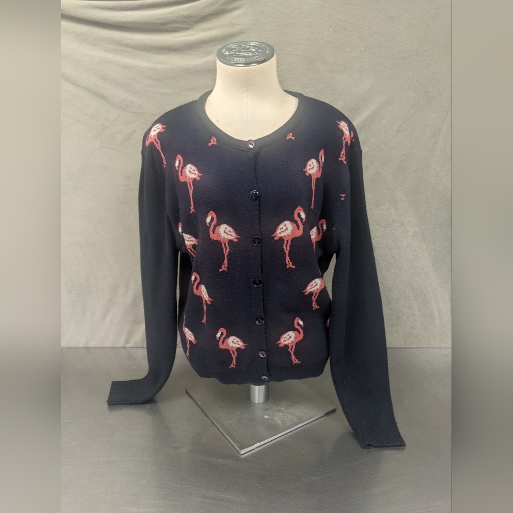 Women's Navy Cardigan Sweater with Pink Flamingo Motif